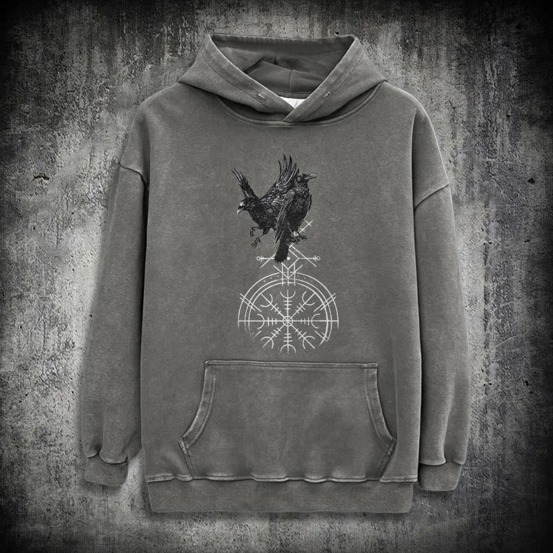 WorldNorse Gothic Raven Vegvisir Print Washed Hoodie - Grey - 3XL - image 12