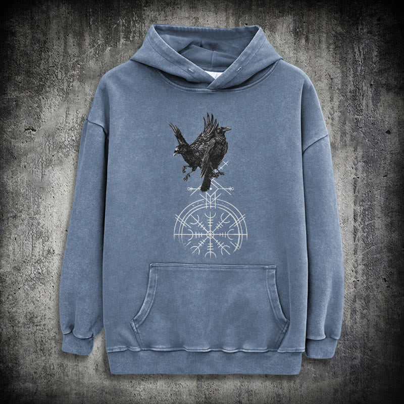 WorldNorse Gothic Raven Vegvisir Print Washed Hoodie - Blue - 3XL - image 19