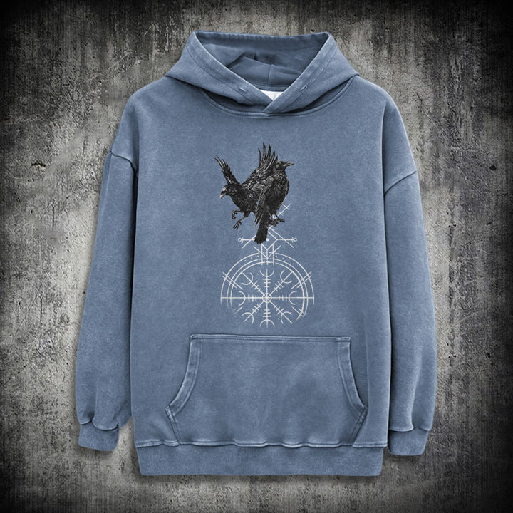 WorldNorse Gothic Raven Vegvisir Print Washed Hoodie - Blue - 3XL - image 19
