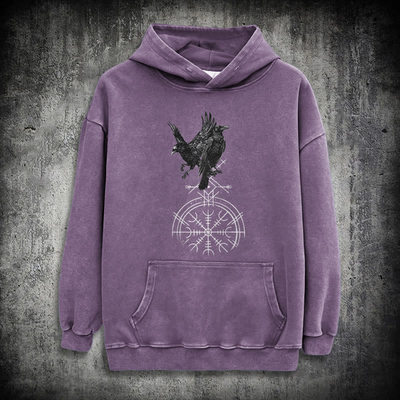 WorldNorse Gothic Raven Vegvisir Print Washed Hoodie - Purple - 3XL - image 33