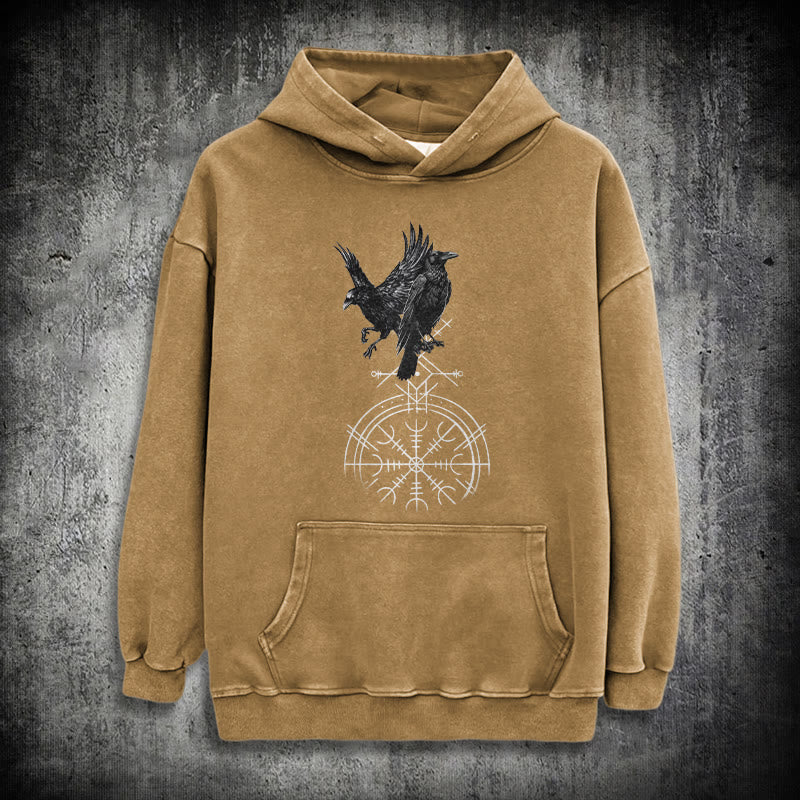 WorldNorse Gothic Raven Vegvisir Print Washed Hoodie - Khaki - 3XL - image 26
