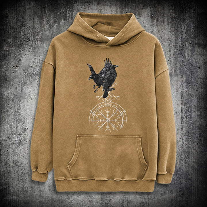 WorldNorse Gothic Raven Vegvisir Print Washed Hoodie - Khaki - 3XL - image 26