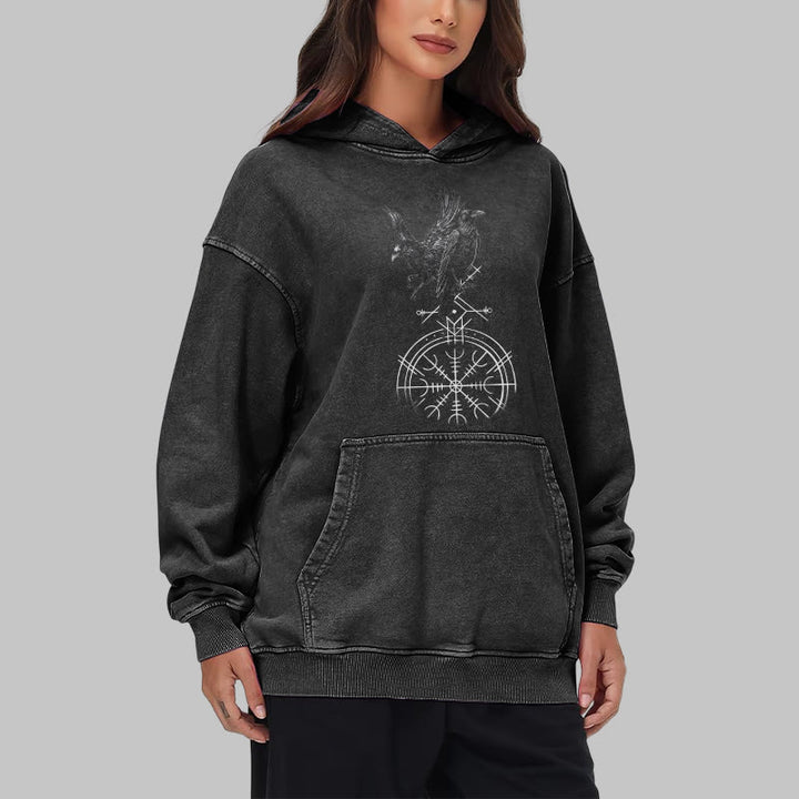 WorldNorse Gothic Raven Vegvisir Print Washed Hoodie - image 8