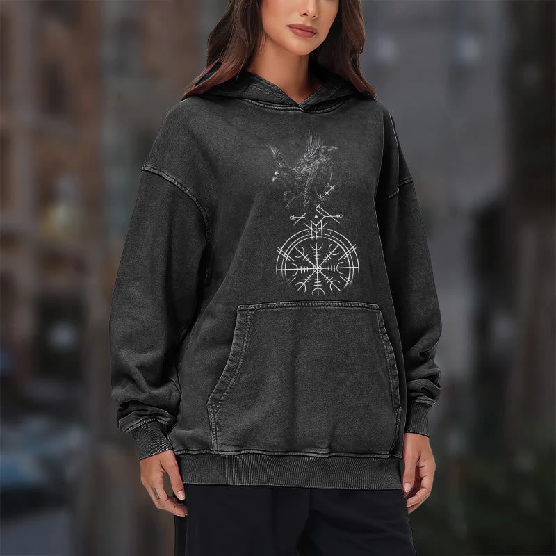 WorldNorse Gothic Raven Vegvisir Print Washed Hoodie - image 11
