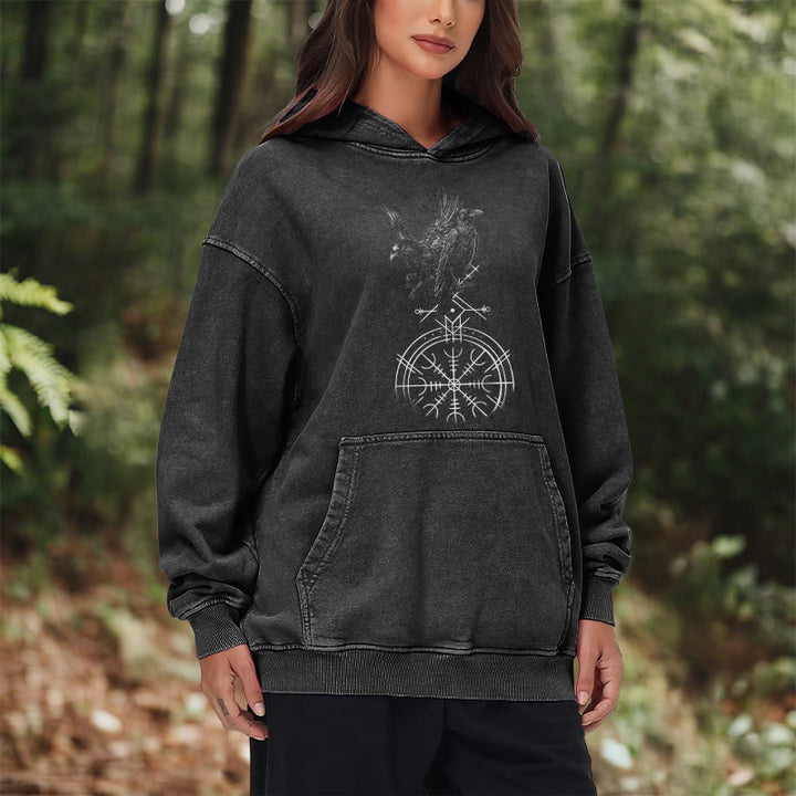 WorldNorse Gothic Raven Vegvisir Print Washed Hoodie - image 10