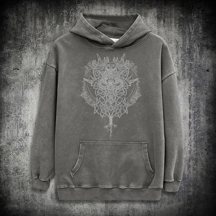 WorldNorse Fenrir Wolf Tree Of Life Washed Hoodie - Grey - 3XL - image 12