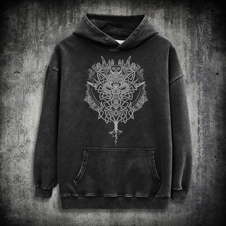 WorldNorse Fenrir Wolf Tree Of Life Washed Hoodie - Black - 3XL - image 0