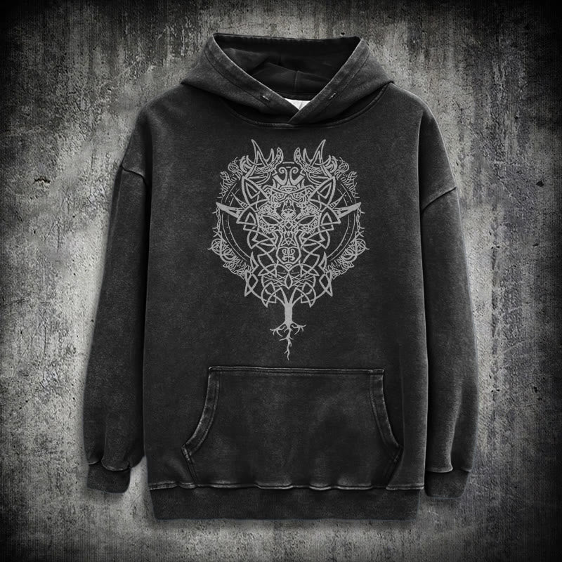 WorldNorse Fenrir Wolf Tree Of Life Washed Hoodie - Black - 3XL - image 1