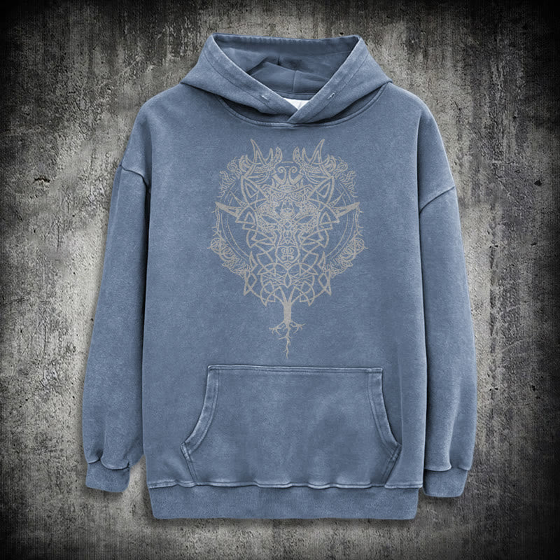 WorldNorse Fenrir Wolf Tree Of Life Washed Hoodie - Blue - 3XL - image 19