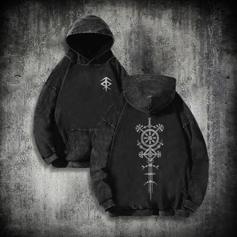 WorldNorse Vegvisir Double-Sided Print Washed Hoodie - Black - 3XL - image 1