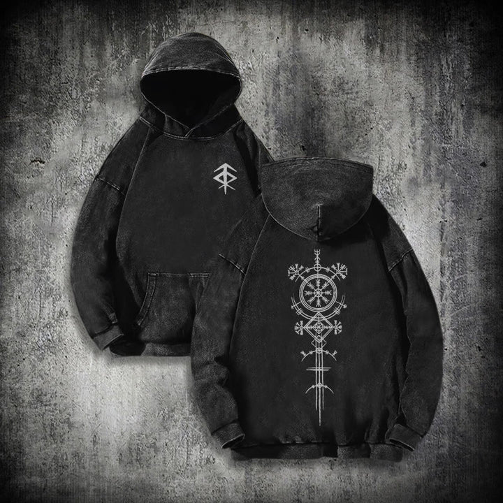WorldNorse Vegvisir Double-Sided Print Washed Hoodie - Black - 3XL - image 1