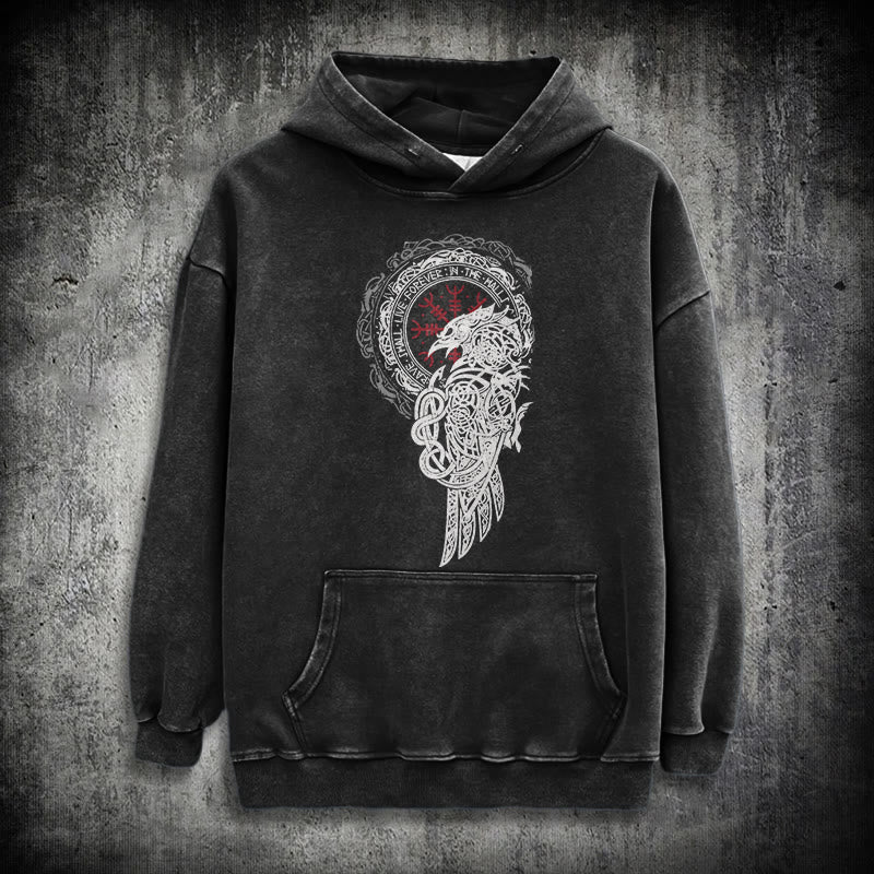 WorldNorse Celtic Raven Helm Of Awe Washed Hoodie - Black - 3XL - image 0