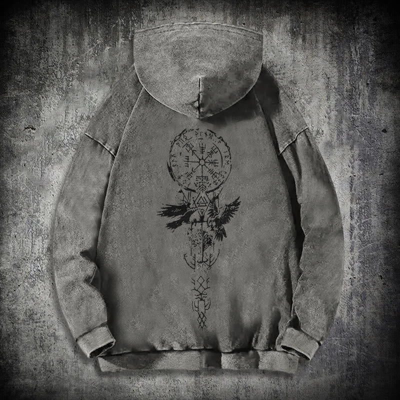 WorldNorse Valknut Raven Back Print Washed Hoodie - Grey - 3XL - image 12
