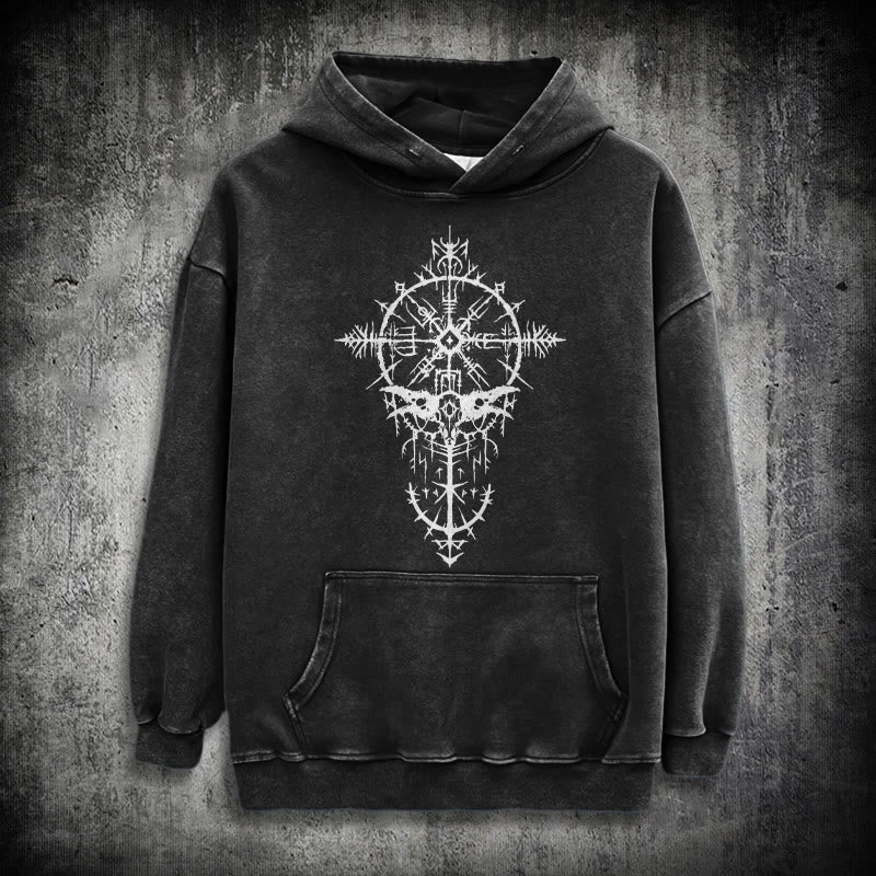 WorldNorse Tribal Bird & Viking Design Washed Hoodie - Black - 3XL - image 0