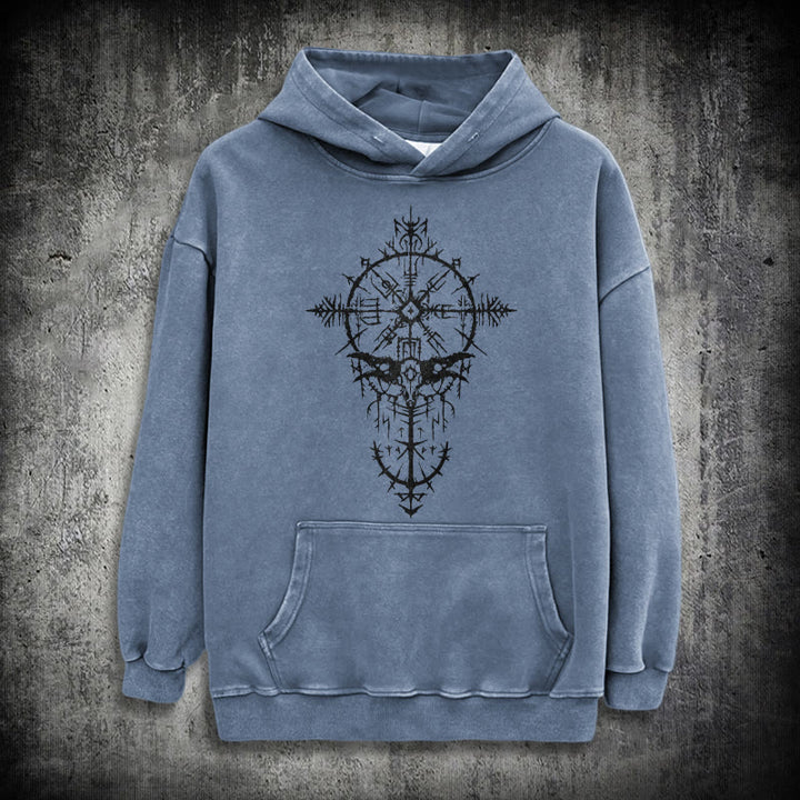 WorldNorse Tribal Bird & Viking Design Washed Hoodie - Blue - 3XL - image 19