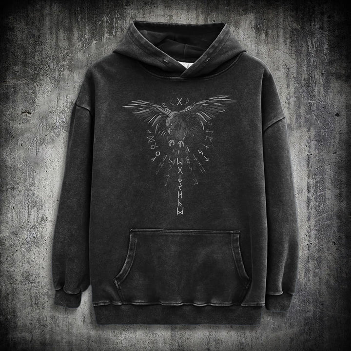 WorldNorse Raven Eagle Graphic Washed Hoodie - Black - 3XL - image 0