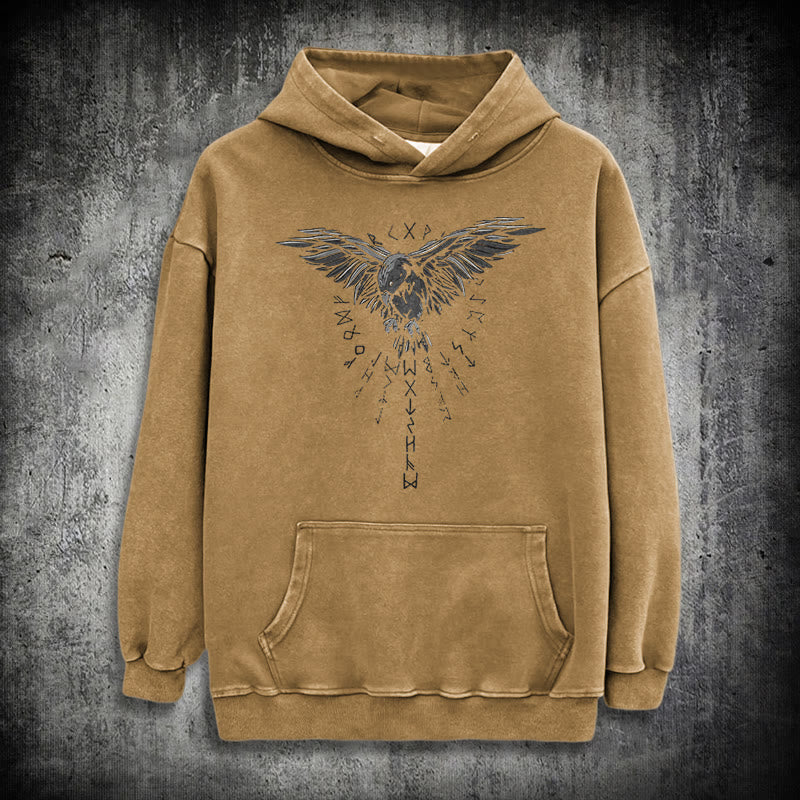 WorldNorse Raven Eagle Graphic Washed Hoodie - Khaki - 3XL - image 26