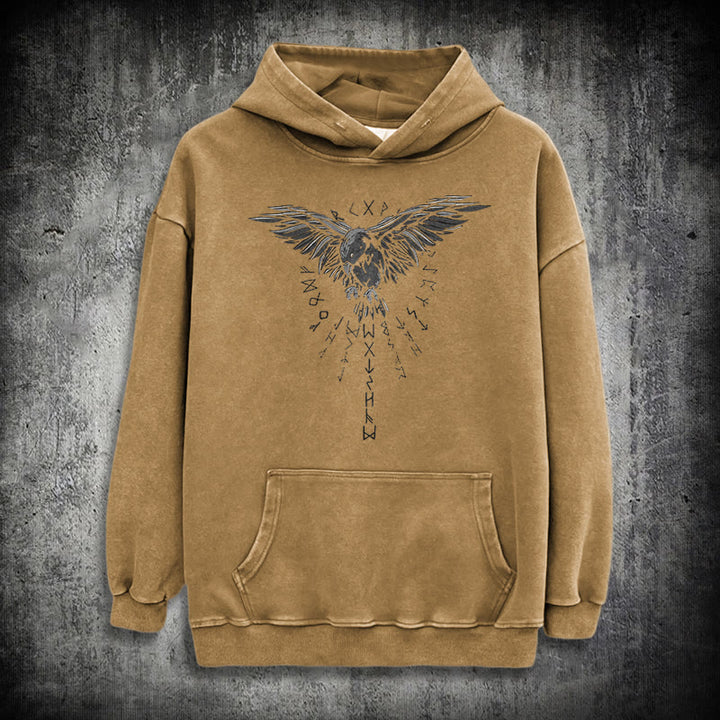 WorldNorse Raven Eagle Graphic Washed Hoodie - Khaki - 3XL - image 26