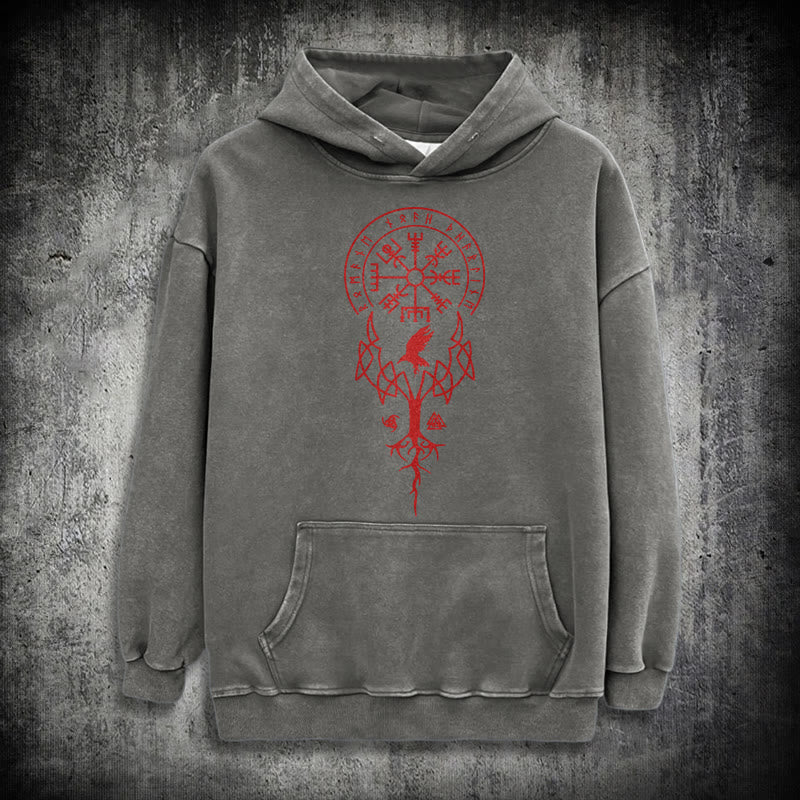 WorldNorse Yggdrasil Red Runes Viking Washed Hoodie - Grey - 3XL - image 12