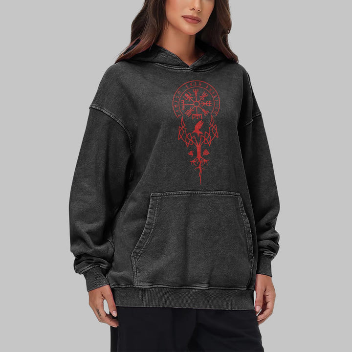 WorldNorse Yggdrasil Red Runes Viking Washed Hoodie - image 8