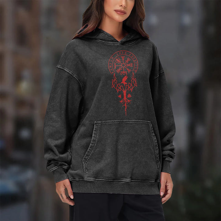 WorldNorse Yggdrasil Red Runes Viking Washed Hoodie - image 12
