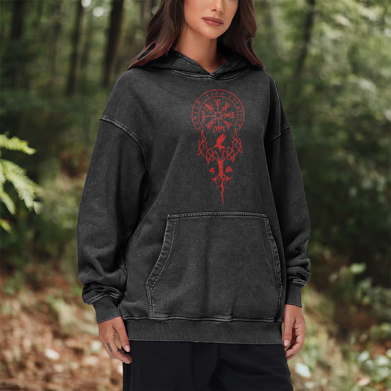 WorldNorse Yggdrasil Red Runes Viking Washed Hoodie - image 10