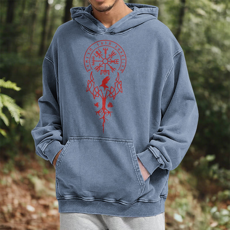 WorldNorse Yggdrasil Red Runes Viking Washed Hoodie - image 22