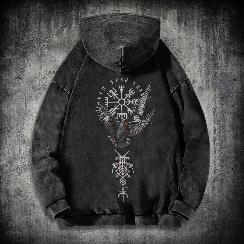 WorldNorse Viking Symbol Raven Vegvisir Washed Hoodie - Black - 3XL - image 0