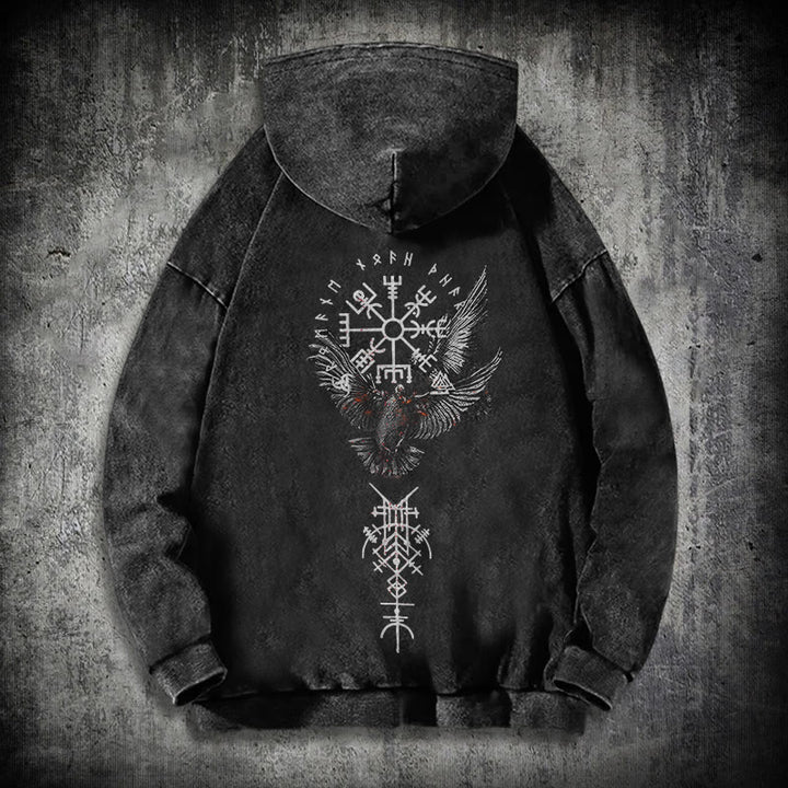 WorldNorse Viking Symbol Raven Vegvisir Washed Hoodie - Black - 3XL - image 0
