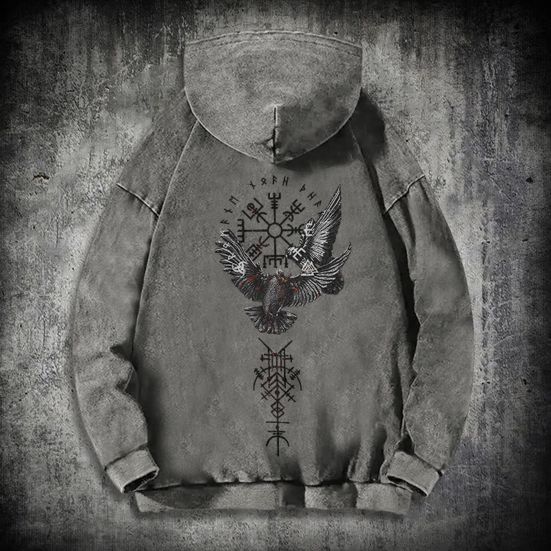 WorldNorse Viking Symbol Raven Vegvisir Washed Hoodie - Grey - 3XL - image 12