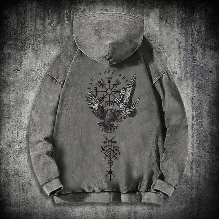 WorldNorse Viking Symbol Raven Vegvisir Washed Hoodie - Grey - 3XL - image 12