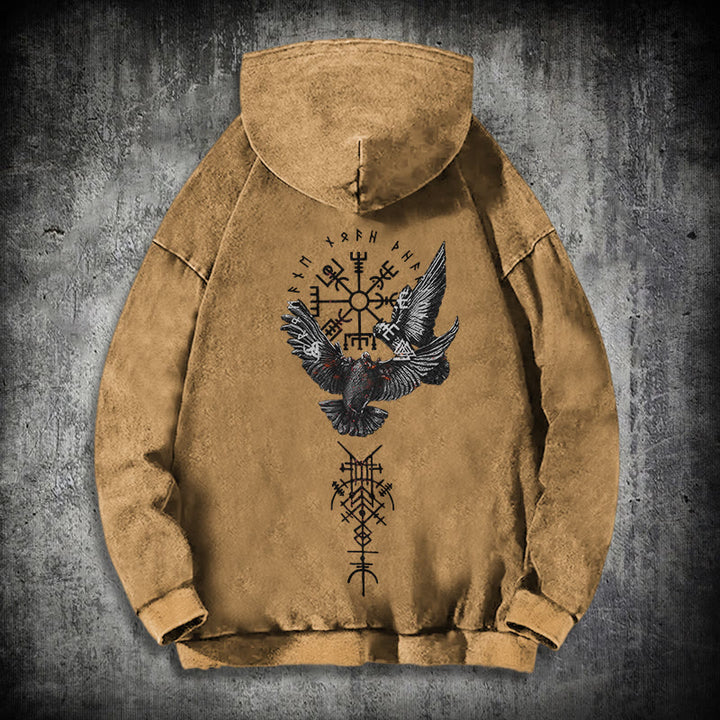 WorldNorse Viking Symbol Raven Vegvisir Washed Hoodie - Khaki - 3XL - image 26