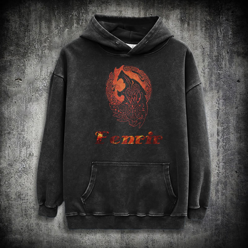 WorldNorse Fenrir Wolve Fire Washed Hoodie - Black - 3XL - image 0