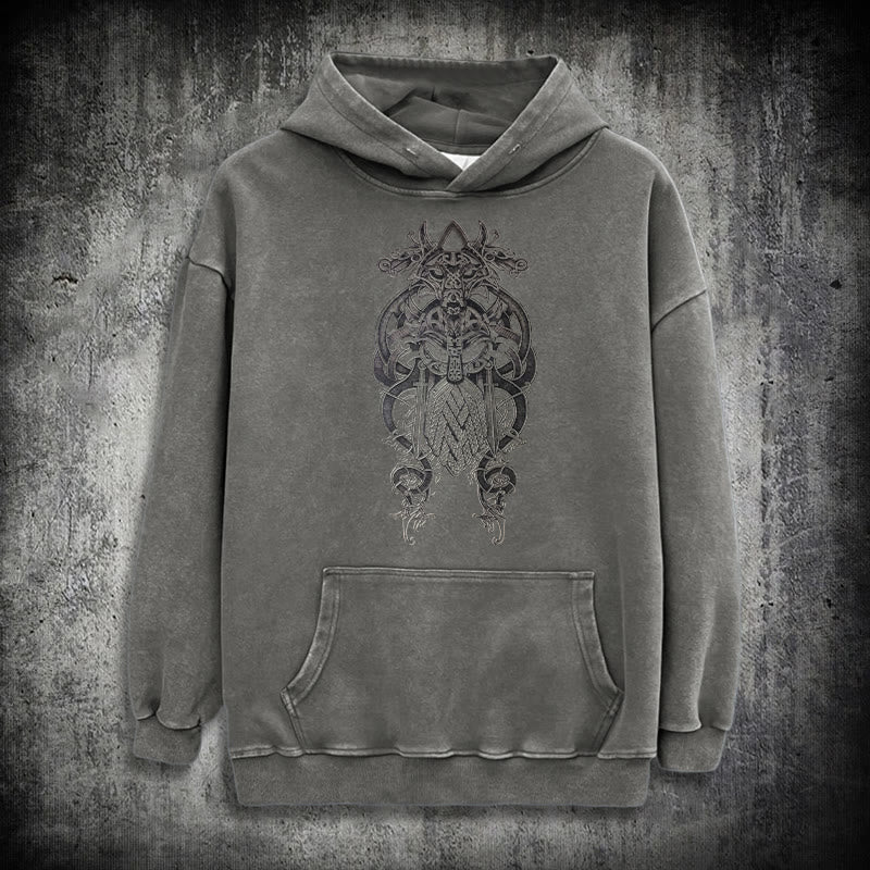 WorldNorse Odin Thor's Hammer Double-Sided Washed Hoodie - Grey - 3XL - image 16