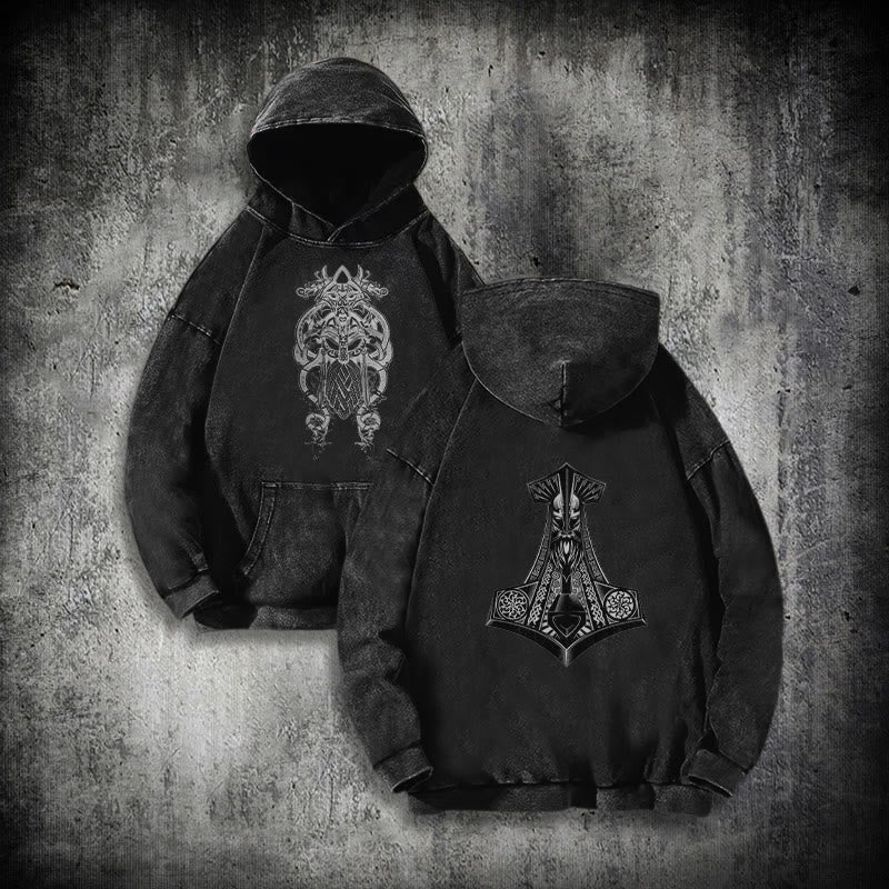 WorldNorse Odin Thor's Hammer Double-Sided Washed Hoodie - Black - 3XL - image 0