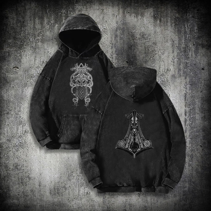 WorldNorse Odin Thor's Hammer Double-Sided Washed Hoodie - Black - 3XL - image 0