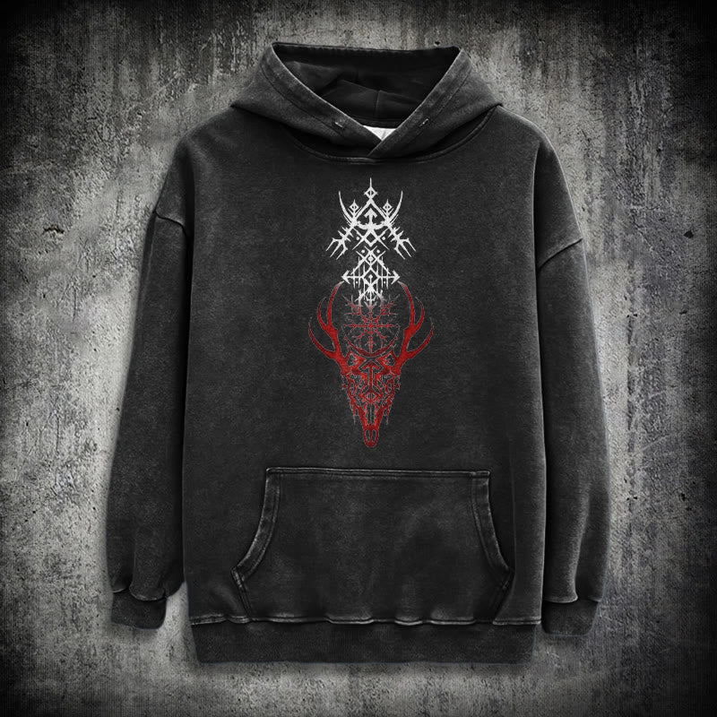 WorldNorse Viking Helm Of Awe Print Washed Hoodie - Black - 3XL - image 0