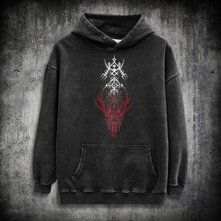 WorldNorse Viking Helm Of Awe Print Washed Hoodie - Black - 3XL - image 0