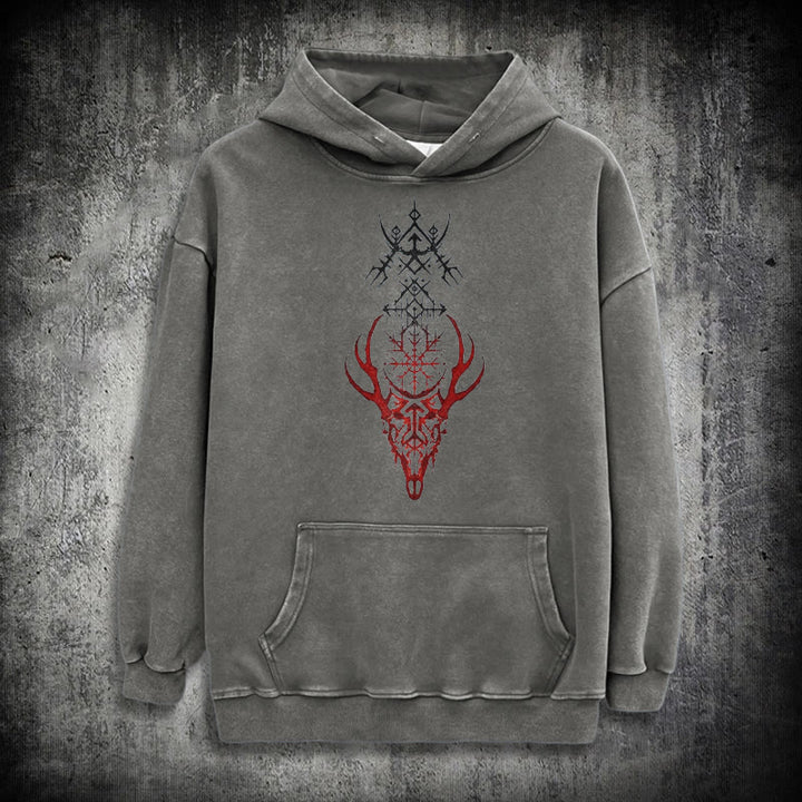 WorldNorse Viking Helm Of Awe Print Washed Hoodie - Grey - 3XL - image 12