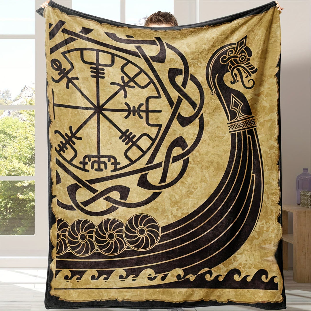 WorldNorse Vegvisir Norse Dragon Blanket - Khaki Vegvisir - 264x228cm - image 0
