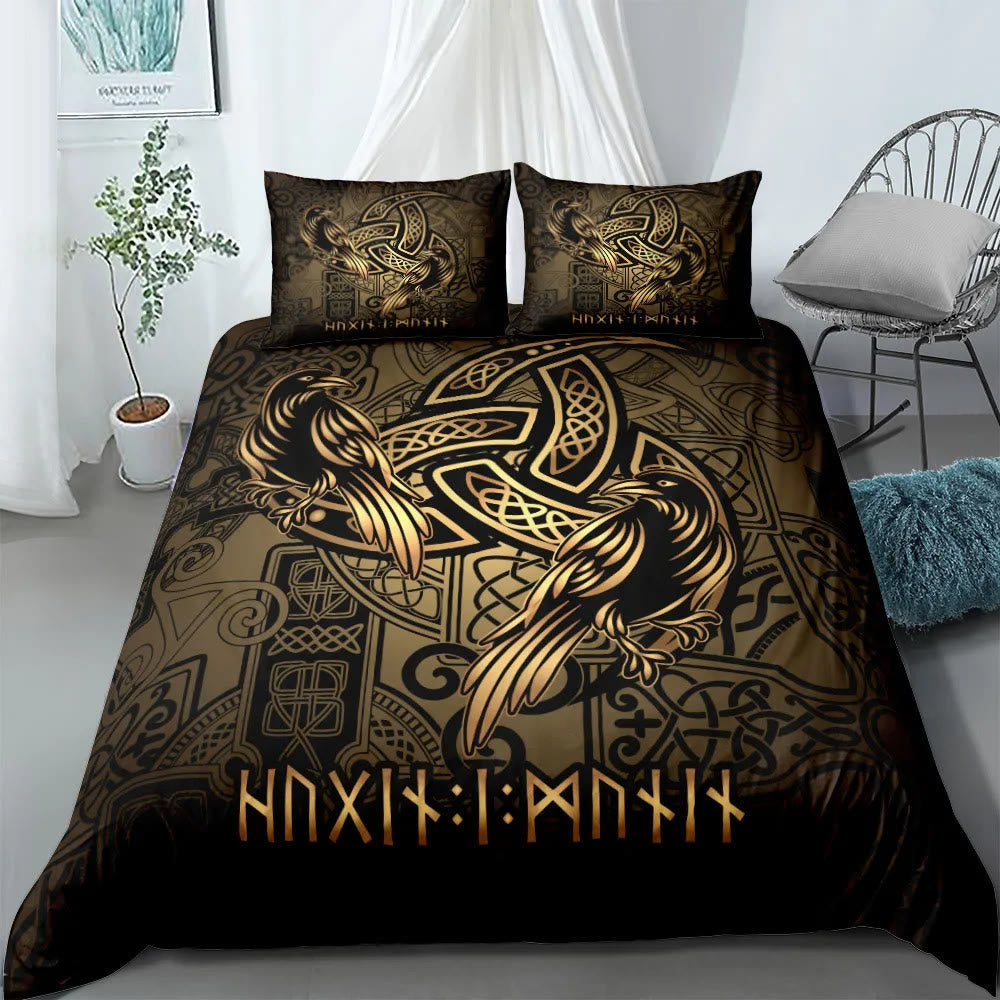 WorldNorse Raven Rune Bedding Set - Raven + Triple Horn of Odin - 260X240cm (1 Duvet Cover + 2 Pillow Case) - image 4