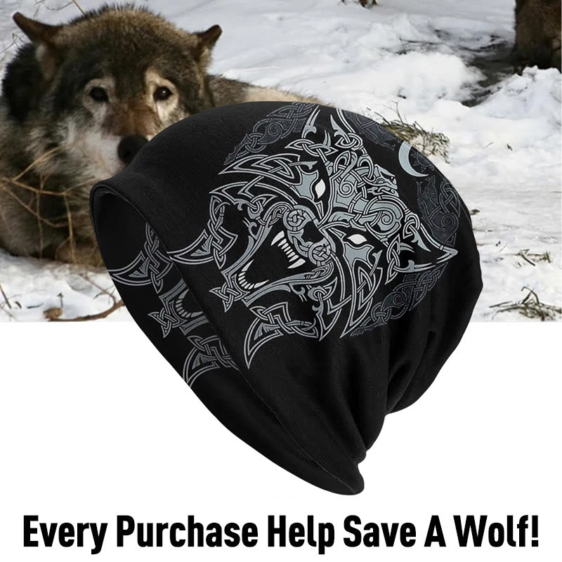 WorldNorse Wolves Celtic Gothic Beanie - Wolf & Moon - image 0