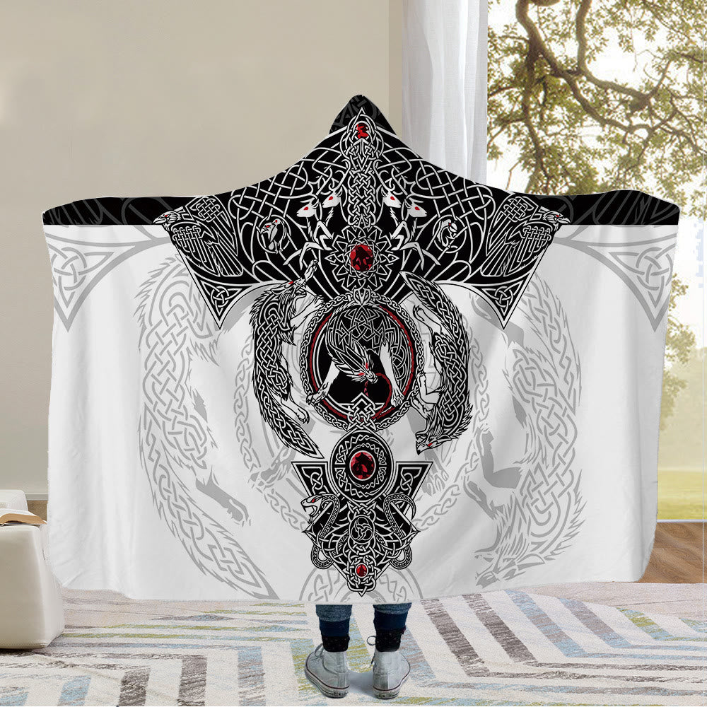 WorldNorse Raven Valknut Hooded Blanket - Mjolnir - 150x200cm - image 1