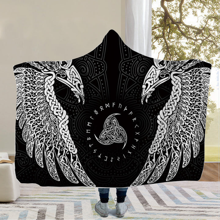 WorldNorse Raven Valknut Hooded Blanket - Raven & Triple Horn of Odin - 150x200cm - image 0