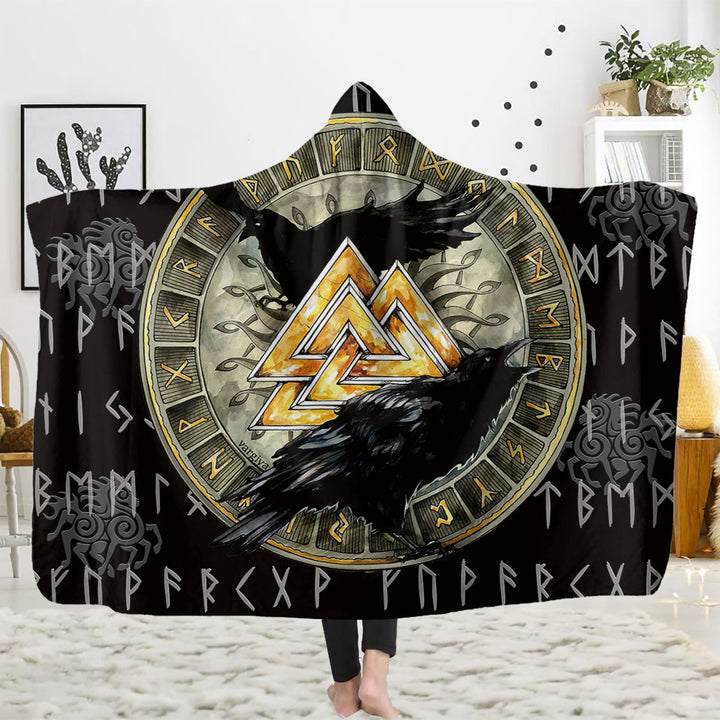 WorldNorse Raven Rune Hooded Blanket - Raven & Valknut - 150x200cm - image 4