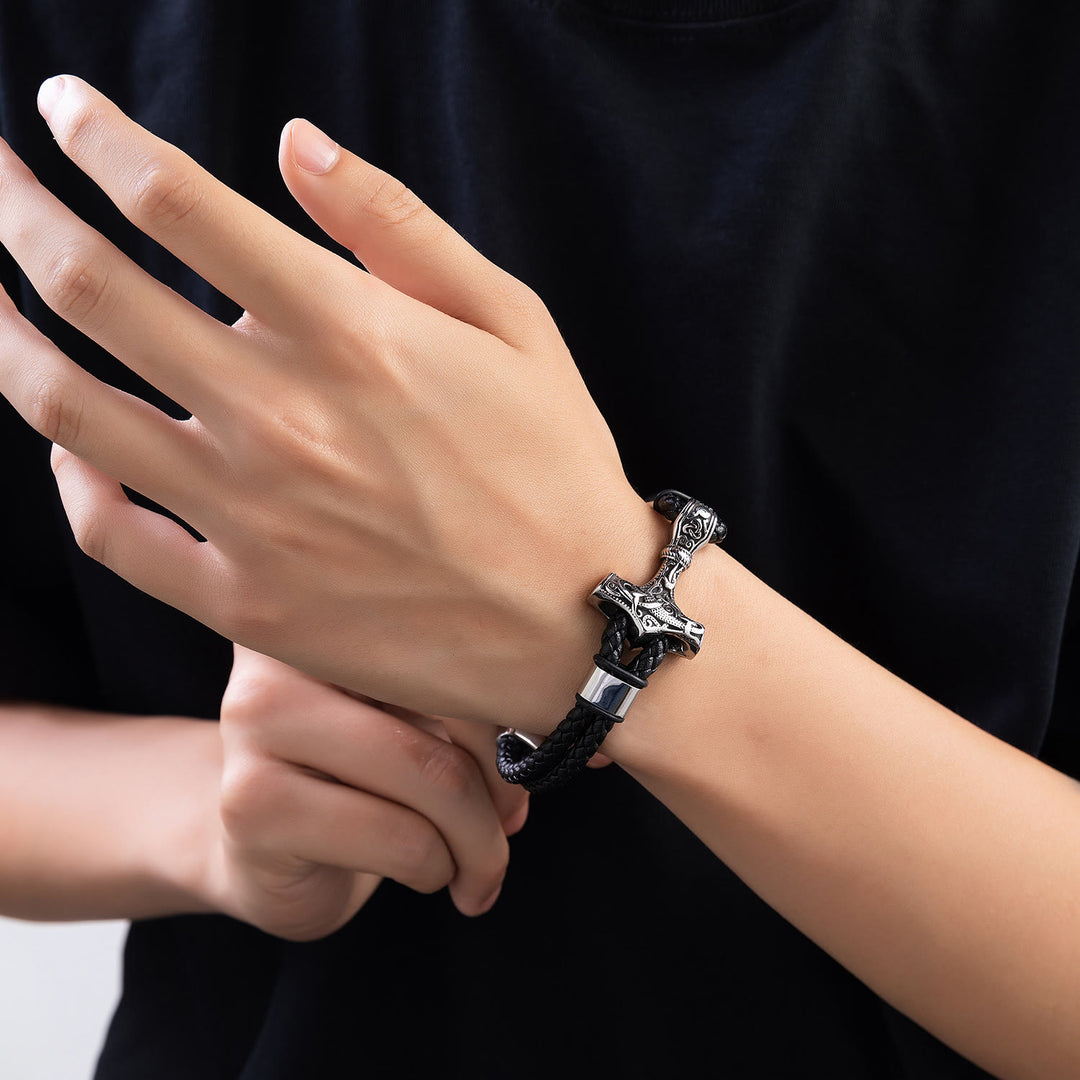 WorldNorse Thor's Hammer Braided Leather Bracelet - image 1