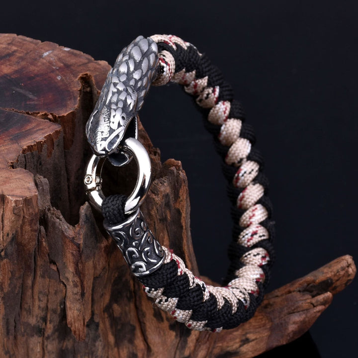 WorldNorse Jörmungandr Norse Snake Head Braided Bracelet - Black + Khaki - 23cm - image 0