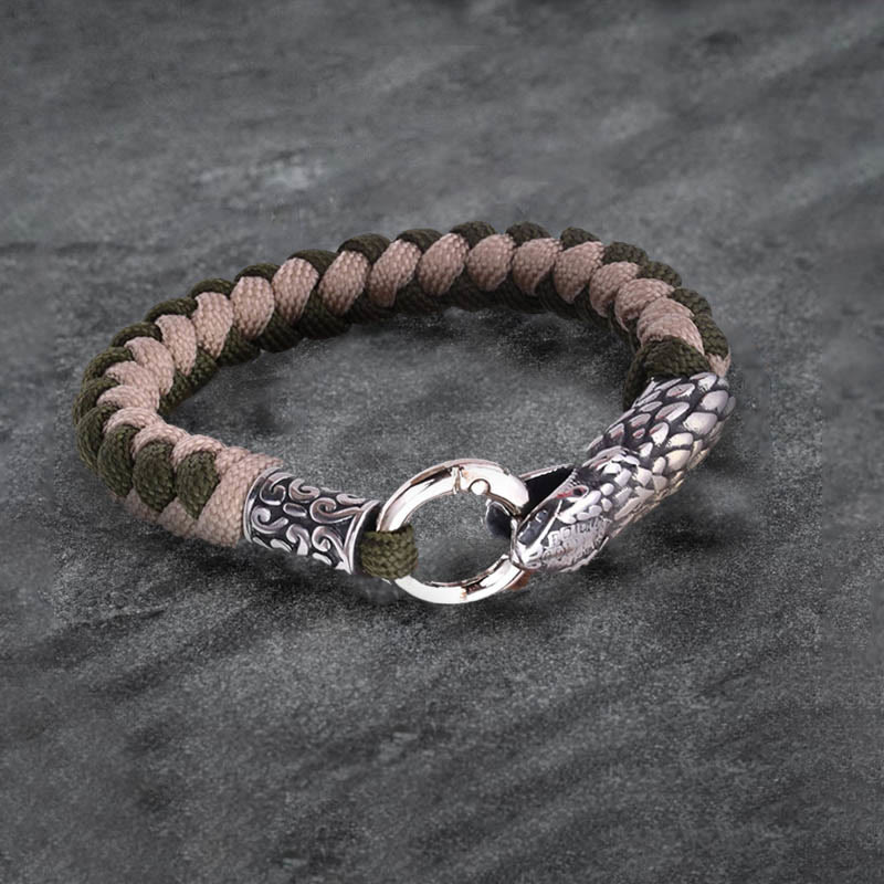 WorldNorse Jörmungandr Norse Snake Head Braided Bracelet - Olive + Khaki - 23cm - image 6