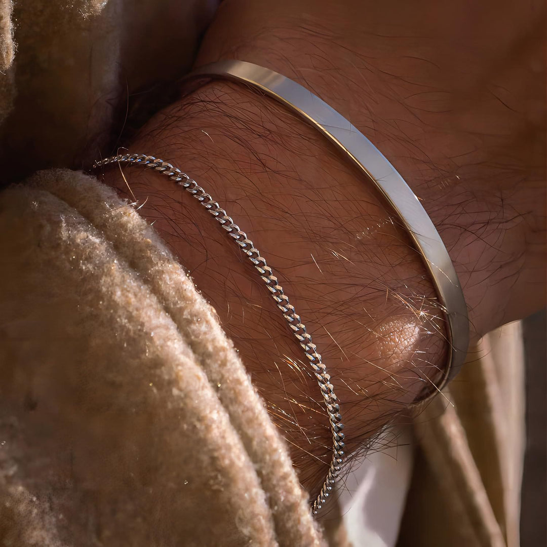 WorldNorse 2Pcs Cuban Chain Bangle Bracelet - Silver - 2Pcs (Cuban Chain+Bangle) - image 0