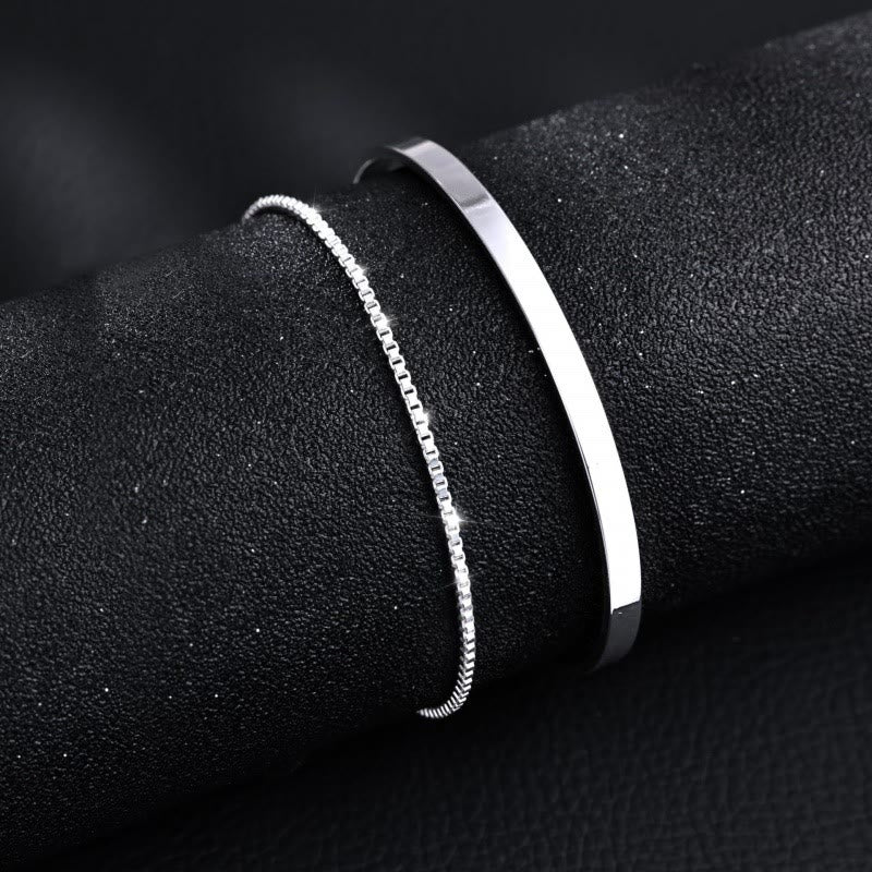 WorldNorse 2Pcs Cuban Chain Bangle Bracelet - Silver - 2Pcs (Box Chain+Bangle) - image 4